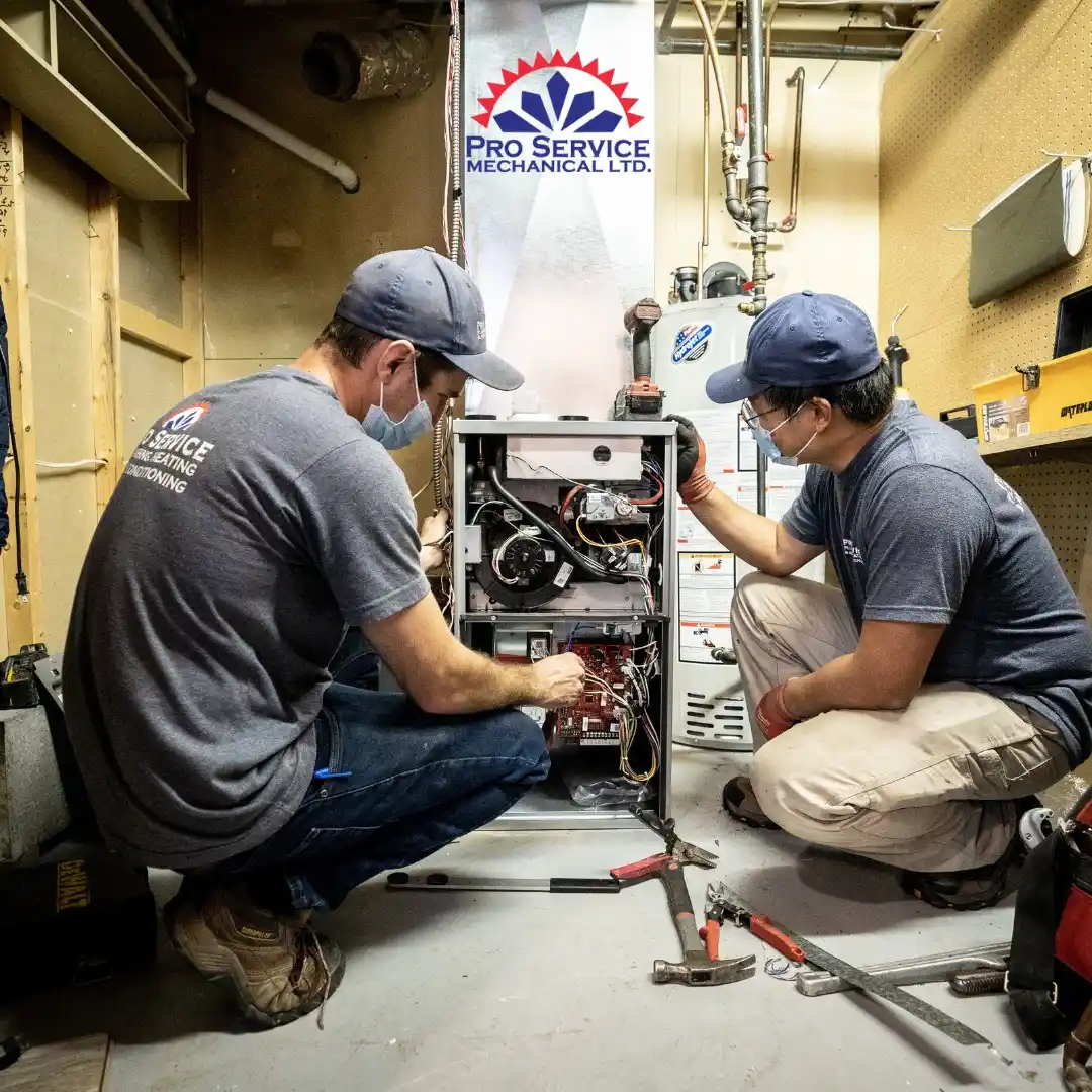 Pro Service Mechanical Furnace Installation in Saskatoon Two Pro Service Mechanical technicians installing a furnace in a Saskatoon home basement with company banner